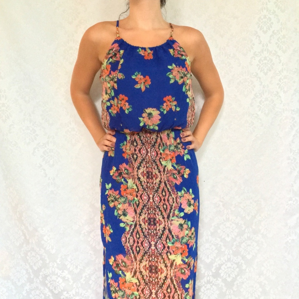 Blue Floral Tropical Halter Maxi Dress - Picture 4 of 7